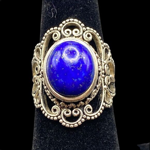 Bali style filigree round boho blue lapis lazuli ring 925 sterling silver - Picture 5 of 10